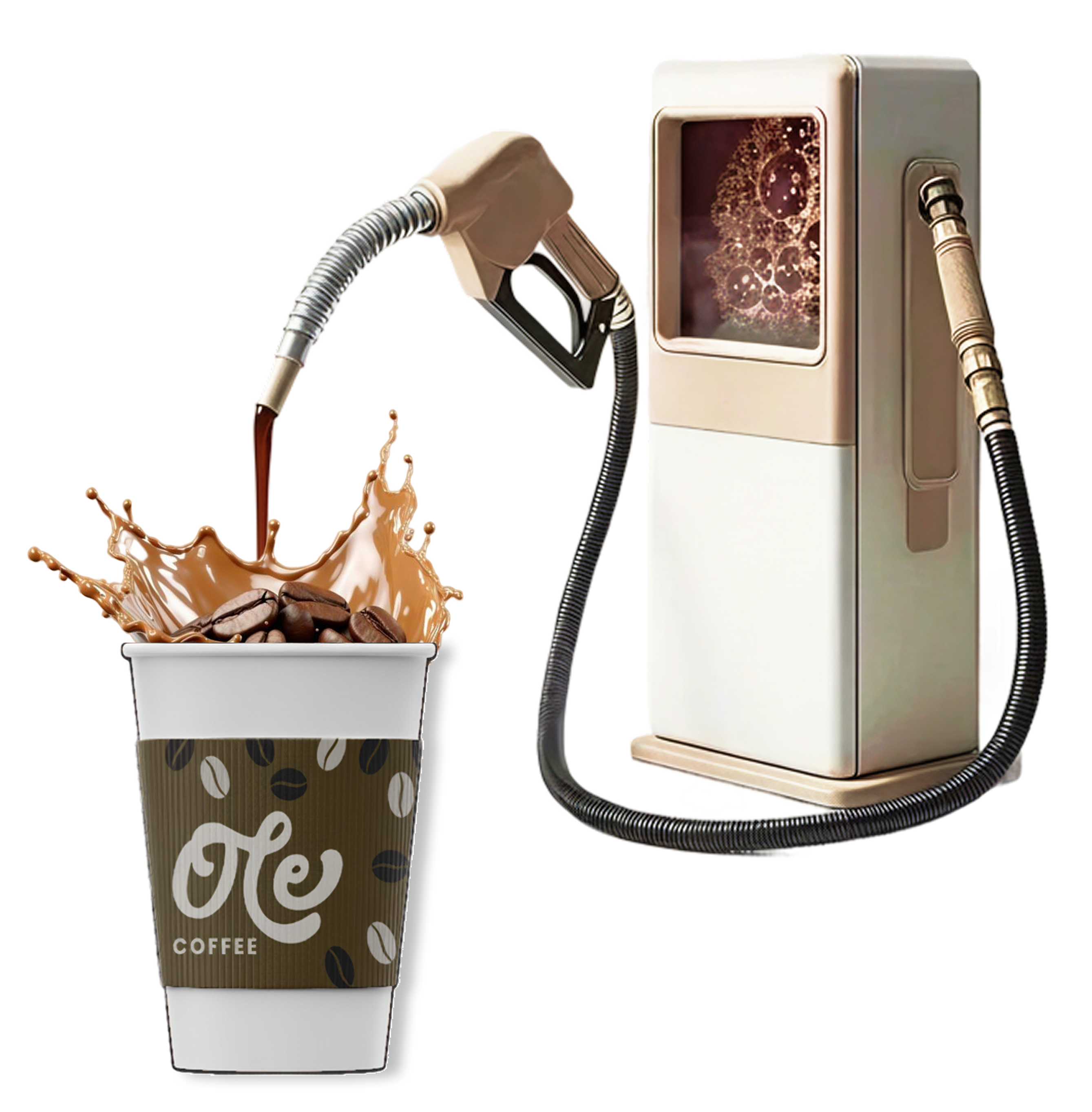 An Ole Coffee cup being filled like a petrol pump, from the "Petrol's up, come refuel with us" campaign